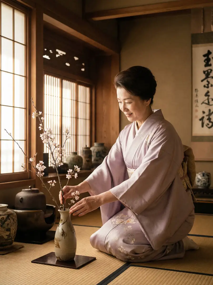 一位优雅的 九色-高清视频|视频资源 在和室中插花